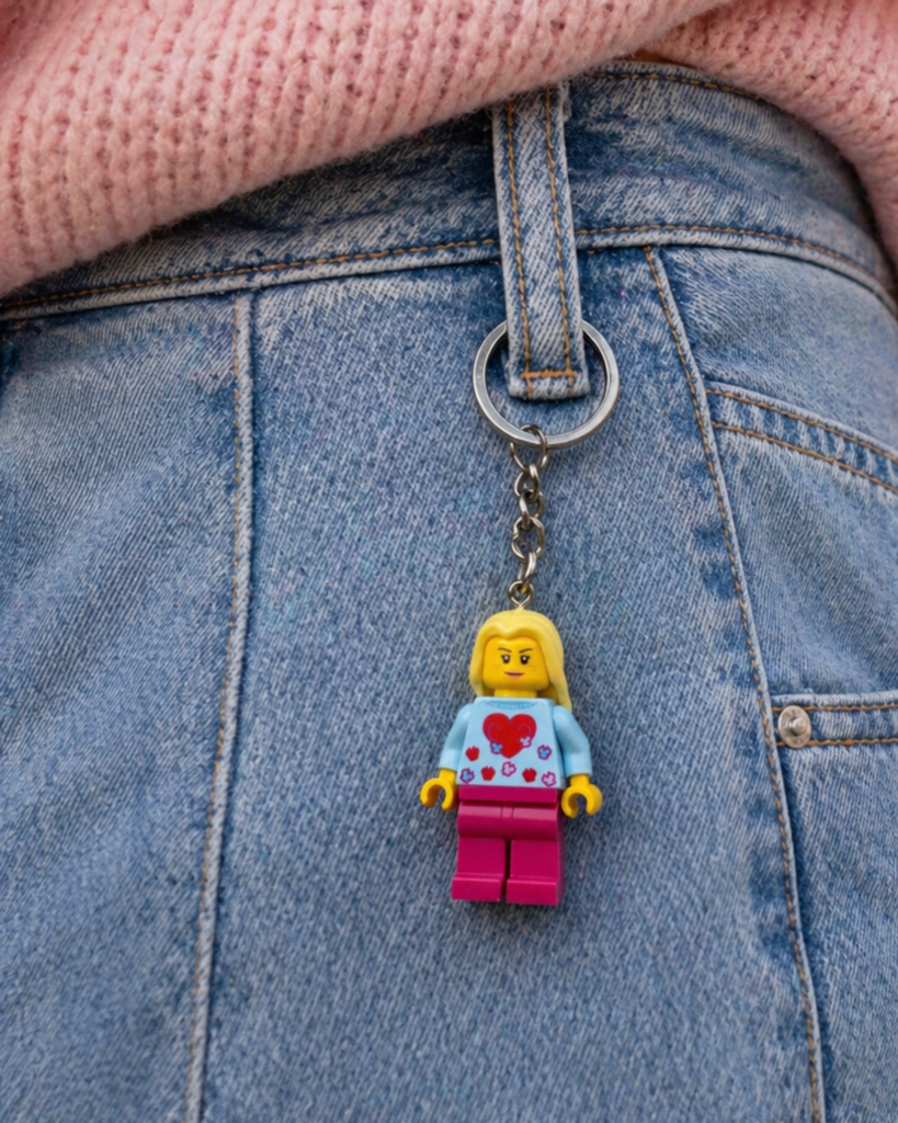 Lego figūrėlė pakabukas prikabinta ant džinsų
